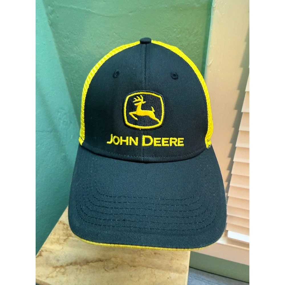 John Deere Mesh Trucker Snapback Hat Cap Farm Outdoors Unisex Adult Black Yellow